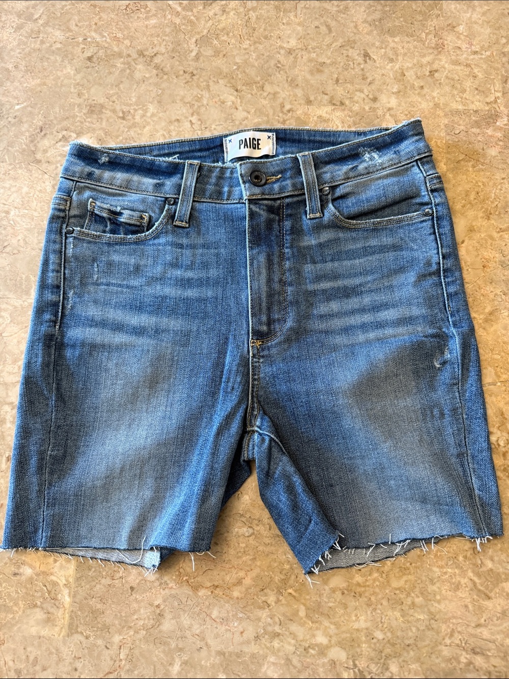 PAIGE Blue Frayed Hem Denim Cutoff Shorts